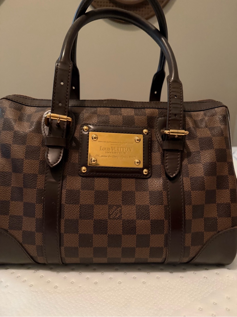 Louis Vuitton Brown Damier Canvas Satchel with Gold Plate